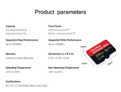 SanDisk Extreme PRO microSDXC UHS-I Memory Card V30 A2 Micro SD Card 32GB 64GB 128GB 256GB 512GB 1TB Up to 200Mb/s Flash TF Card