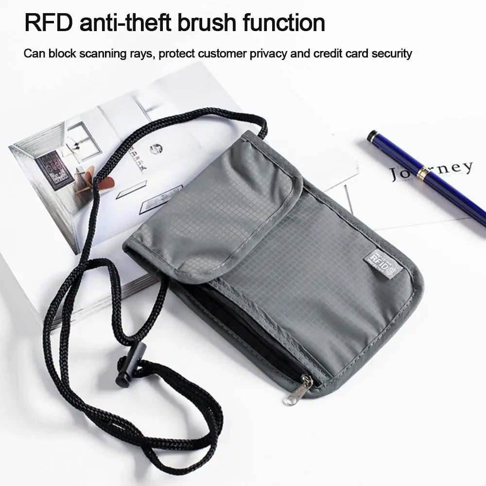 1 sac de rangement en nylon RFID étanche pour documents de voyage, cartes, passeport, portefeuille de cou, pochette pour argent, documents, cartes, passeport