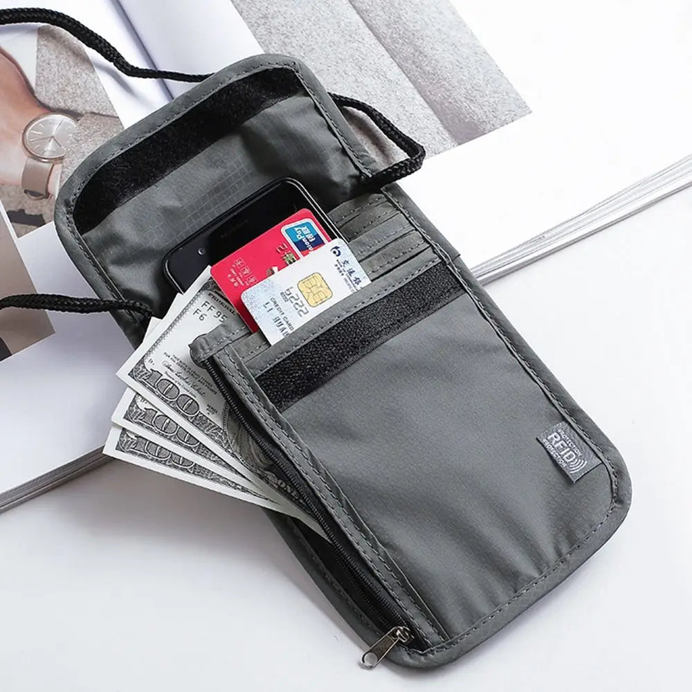 1 sac de rangement en nylon RFID étanche pour documents de voyage, cartes, passeport, portefeuille de cou, pochette pour argent, documents, cartes, passeport