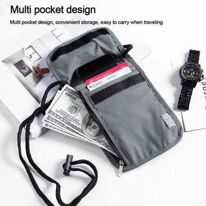 1 sac de rangement en nylon RFID étanche pour documents de voyage, cartes, passeport, portefeuille de cou, pochette pour argent, documents, cartes, passeport