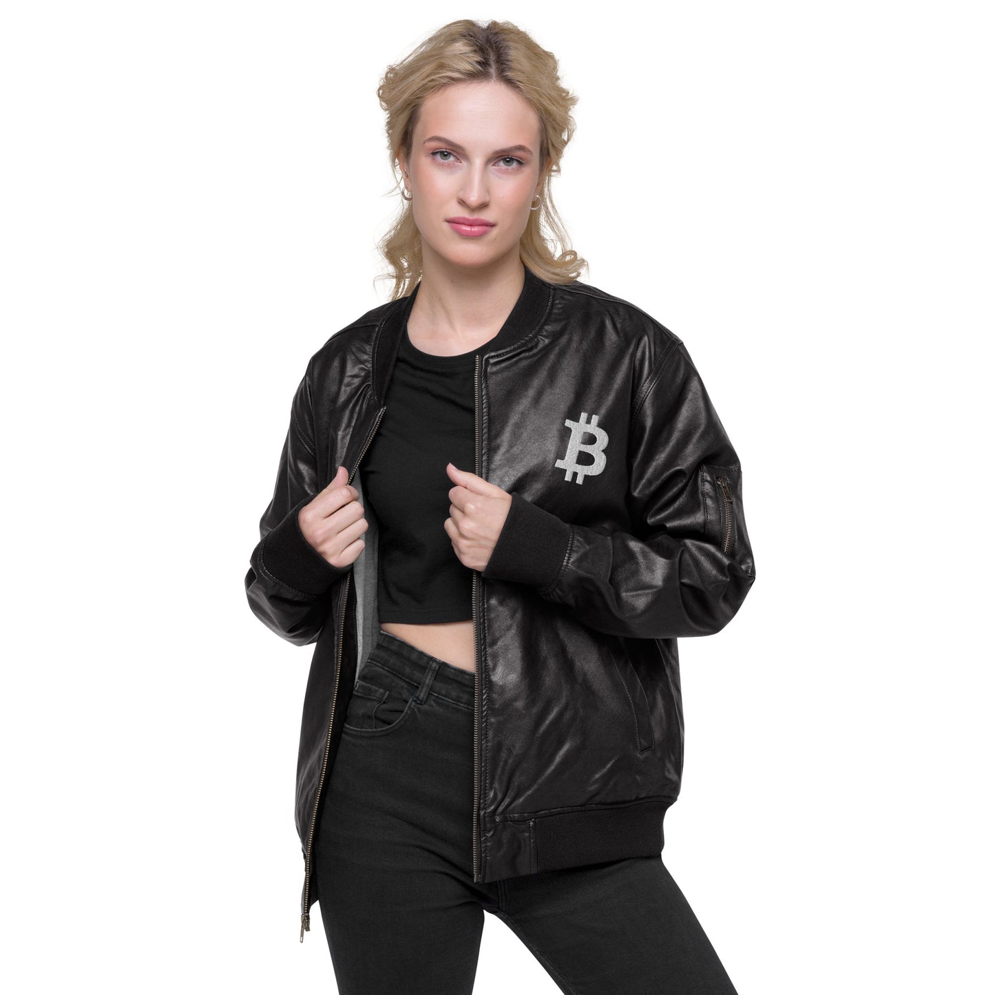 Logo bitcoin Essential ₿ American Apparel Leather Bomber Women Jacket