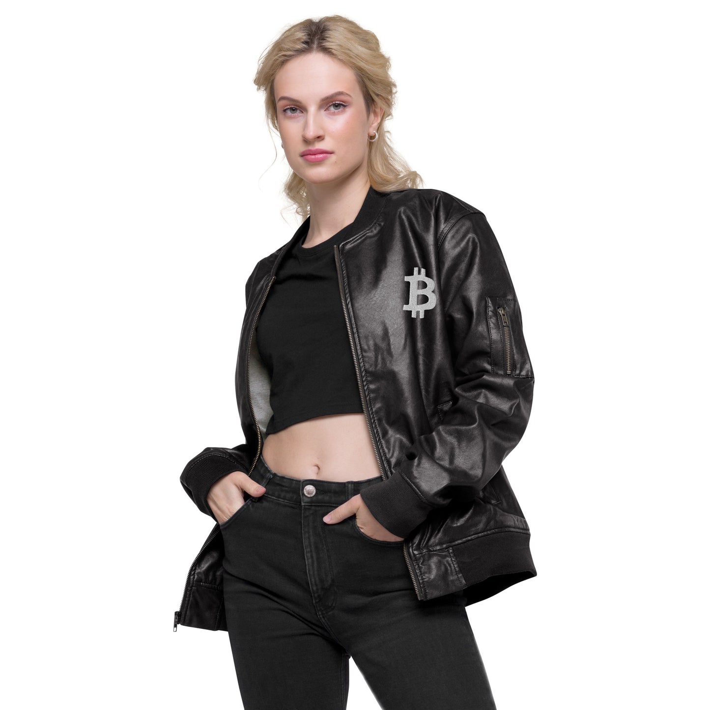 Logo bitcoin Essential ₿ American Apparel Leather Bomber Women Jacket