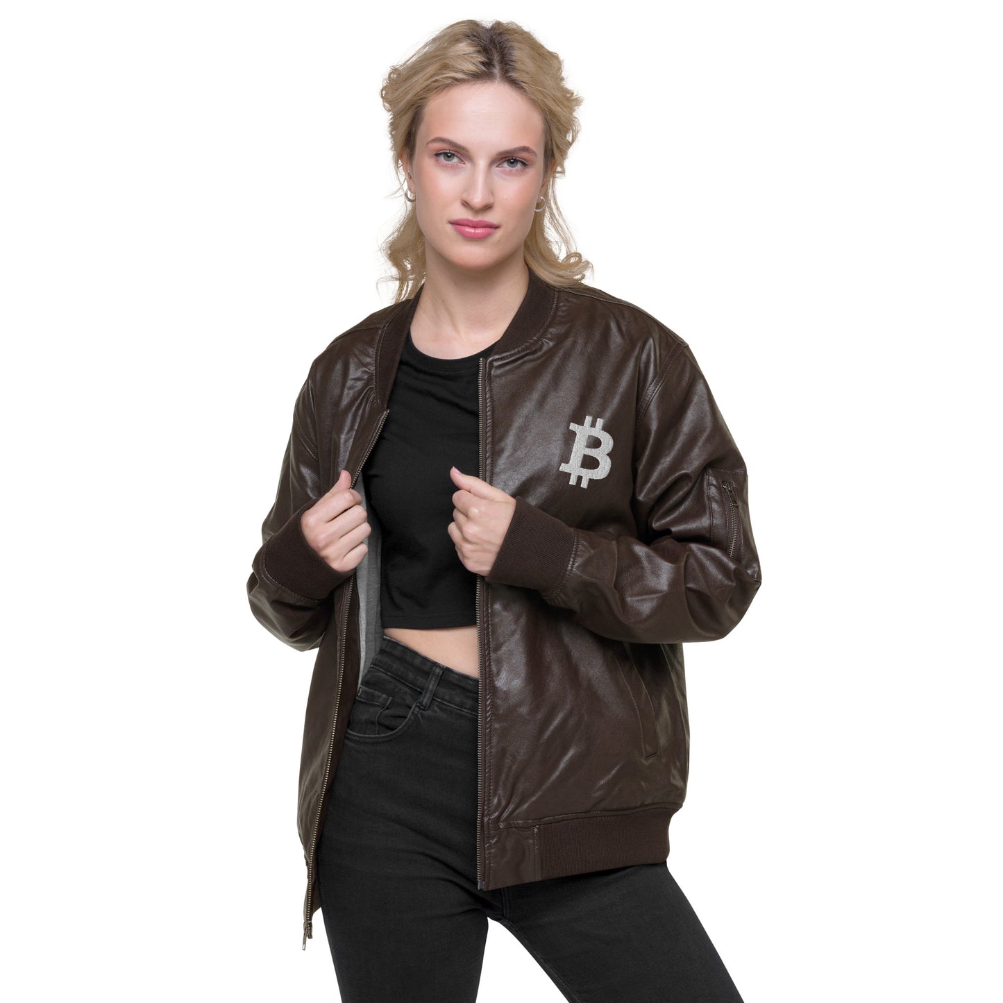 Logo bitcoin Essential ₿ American Apparel Leather Bomber Women Jacket