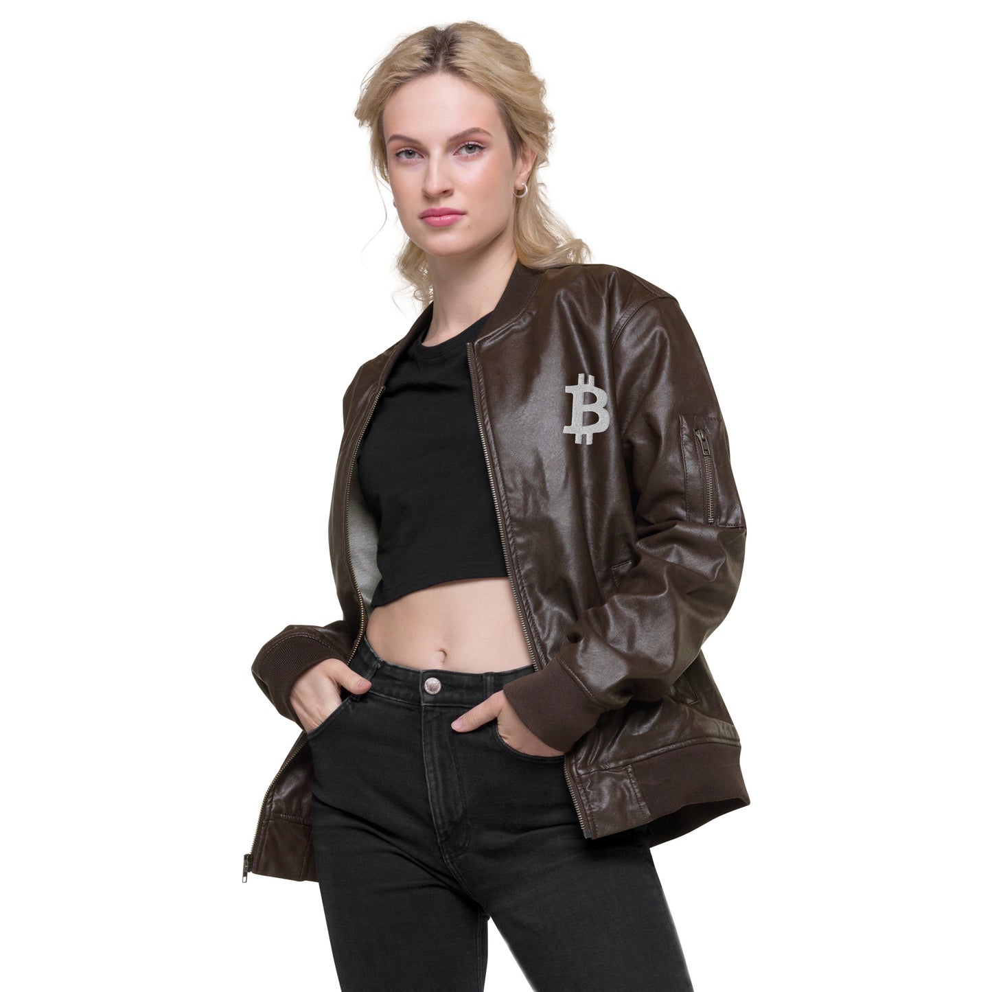 Logo bitcoin Essential ₿ American Apparel Leather Bomber Women Jacket